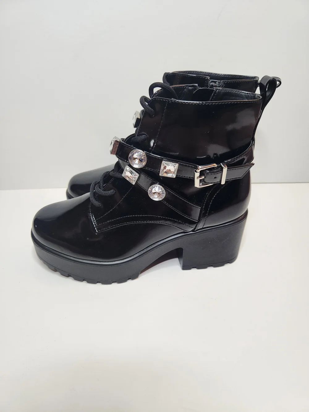Patent Black Crystal-Embellished Girl's Ankle Boots